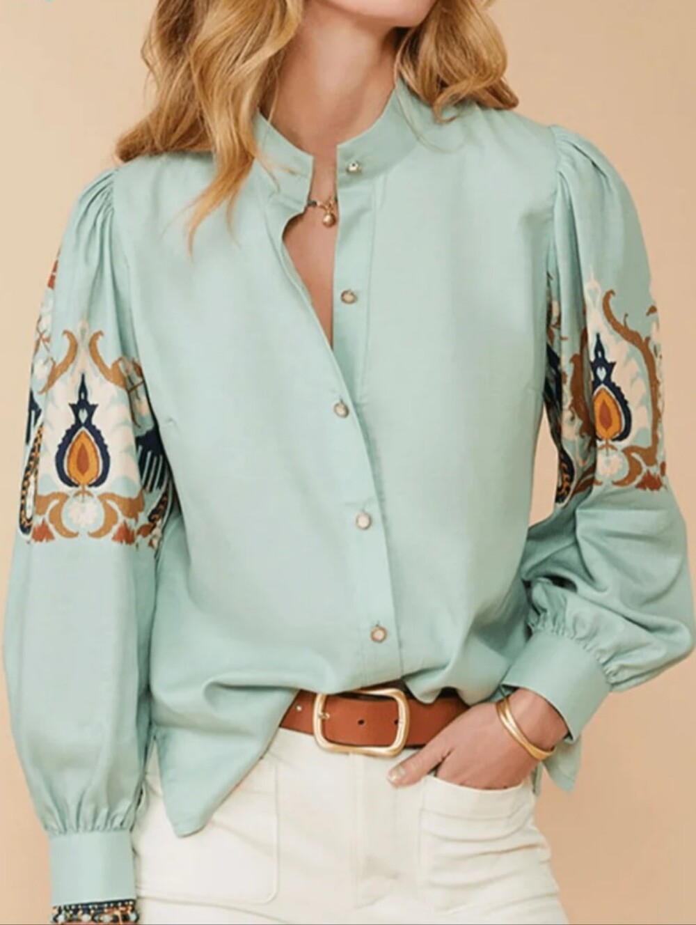Spartina 449 Paulette Kalala Ikat Palm Sea Foam Button Up Blouse Size XS